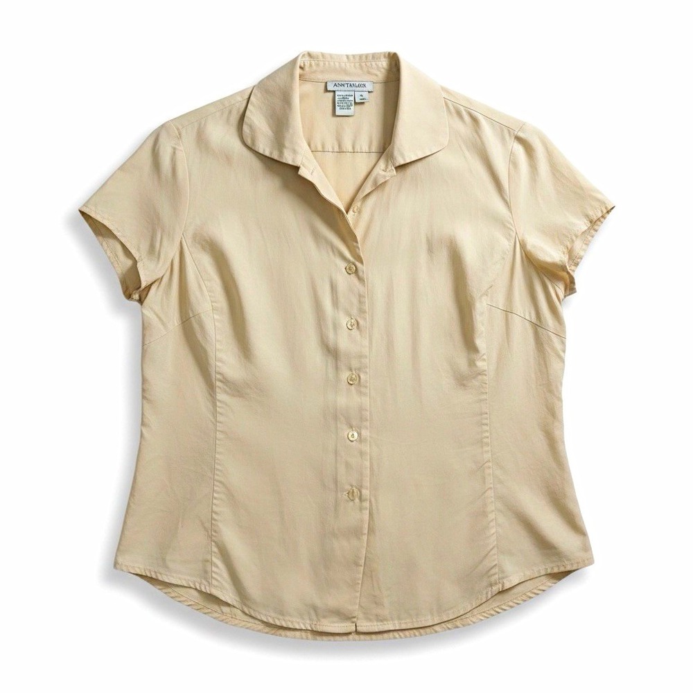 Ann Taylor VTG Womens Beige Silk Woven Collared Short Sleeve Blouse Size 8